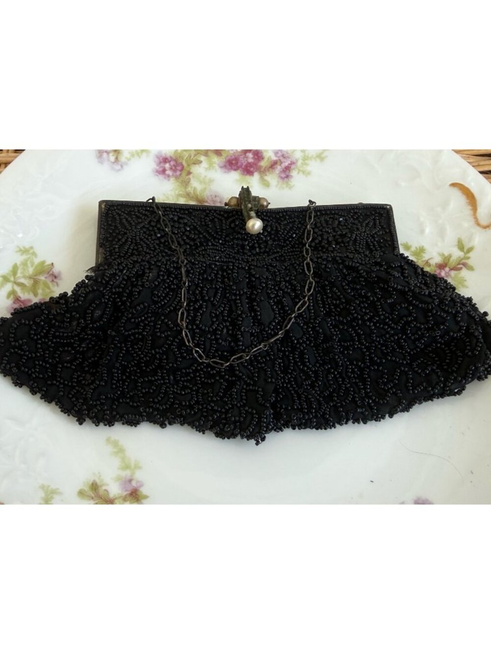 Antique 1920's Black Silk Black beaded Evening Purse Chain Handle